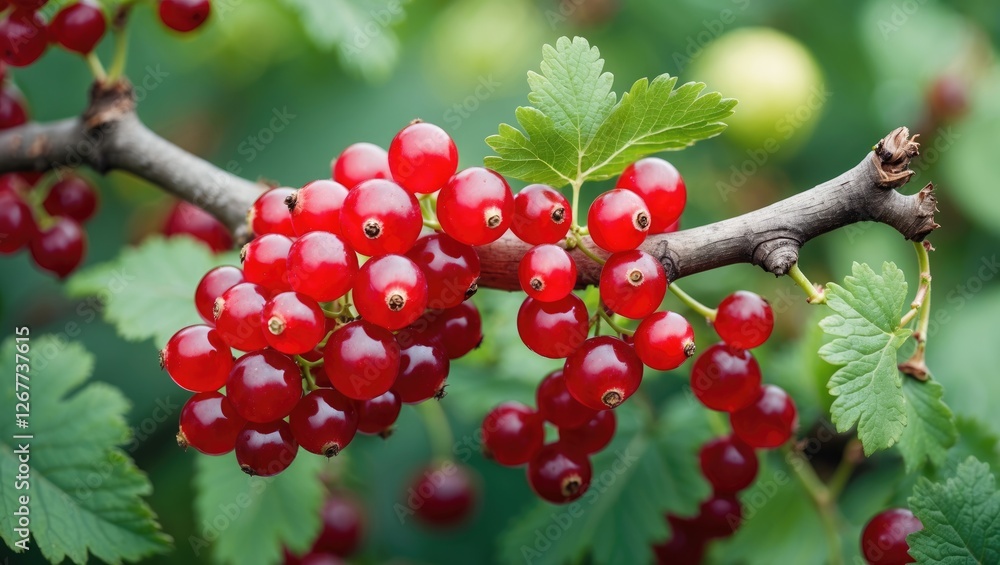 Aufkleber fresh red currants on a branch with green leaves in a natural garden setting with soft focus backgro