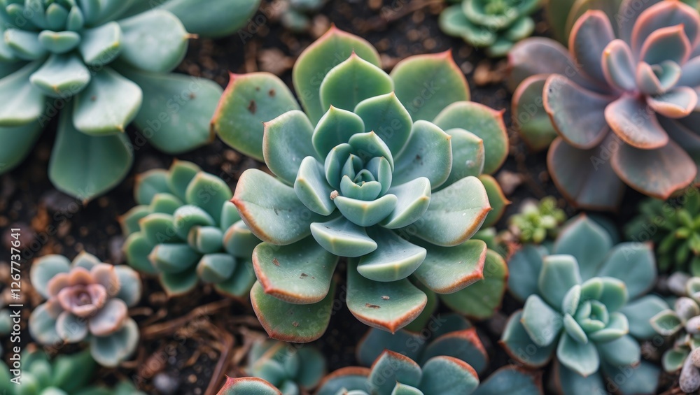 Poster assorted succulent plants in various colors and shapes arranged aesthetically on soil background wit