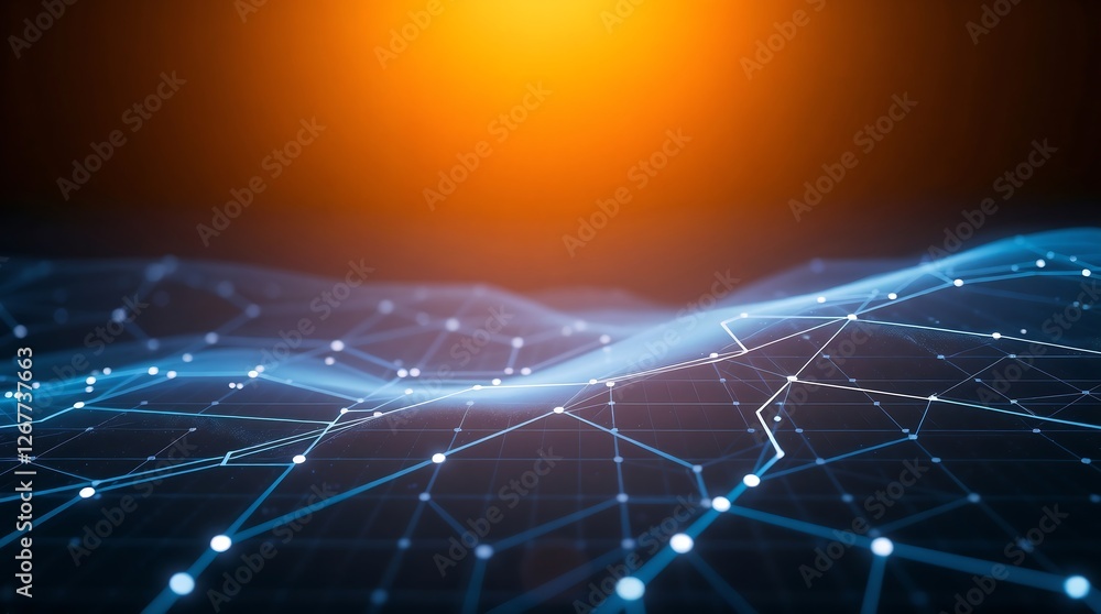 Poster 3d network visualization with connected nodes against orange sunset sky. ideal for digital transform