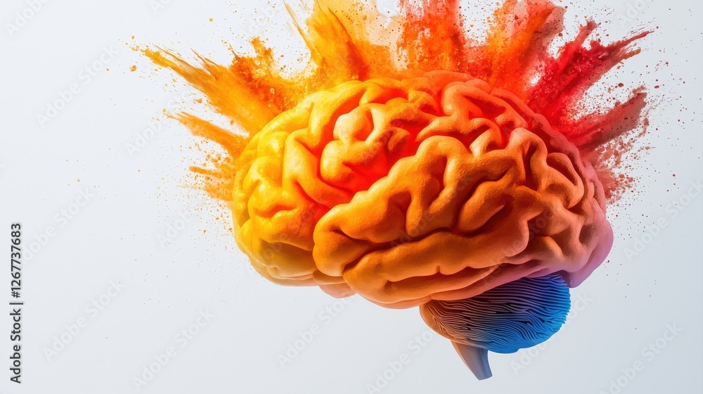 Poster a vibrant, artistic representation of a brain exploding with colorful splashes, symbolizing creativi