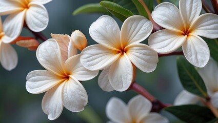 Fototapeta premium Close-up of delicate creamy white frangipani flowers with subtle orange centers and green leaves, nature background, Copy Space