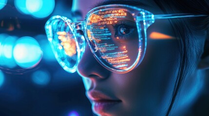Futuristic Urban Portrait: Woman with Neon Glasses Reflecting Cyberpunk Technology and Artificial Intelligence