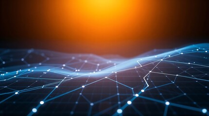 Obraz premium 3D network visualization with connected nodes against orange sunset sky. Ideal for digital transformation, AI, blockchain, and global connectivity concepts.