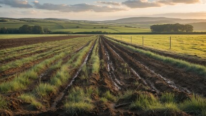 Fototapeta premium Furrowed agricultural field with emerging green crops under a cloudy sky in a rural landscape with distant hills and evening light. Copy Space