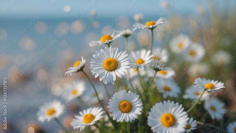 Poster field of daisies with soft-focus background highlighting ocean view and bokeh effects in natural sun