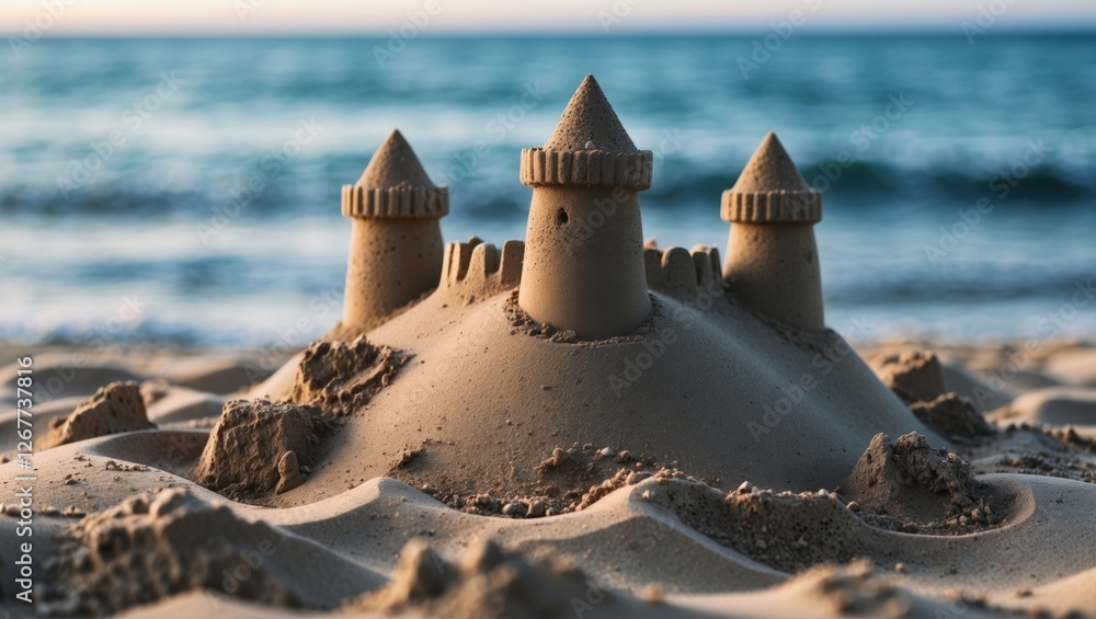 Aufkleber sandcastle on the beach with three turrets and a serene ocean background at sunset with sand texture