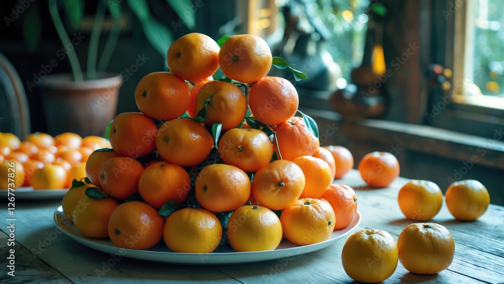 Poster pyramid arrangement of fresh oranges on a plate with additional oranges scattered on a rustic wooden