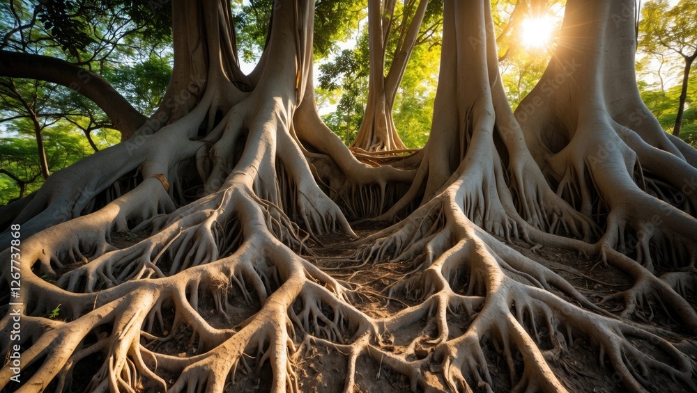 Poster tree roots with sun rays shining through leaves in a forest setting, showcasing intricate details an