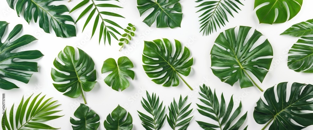 Poster assorted tropical green leaves on white background with varied shapes and sizes arranged artisticall