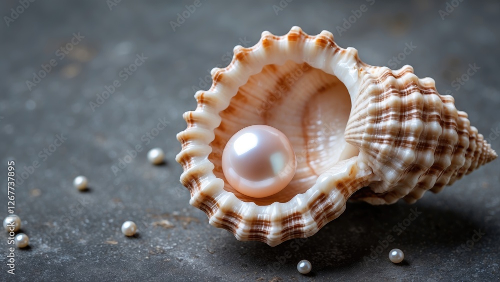 Poster close-up of a beautiful seashell with a shiny pearl inside and scattered small pearls on a dark ston