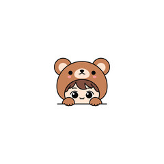 Cute boy with bear costume peeking cartoon, vector illustration