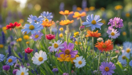 Fototapeta premium Colorful wildflower field during golden hour with various blossoms in springtime sunlight Copy Space