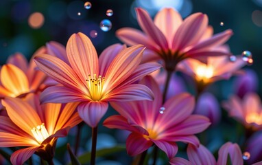 Obraz premium A stunning close-up of vibrant, glowing flowers in full bloom, illuminated with soft golden light. 