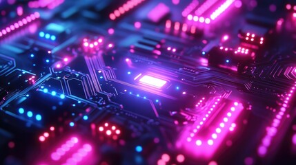 Futuristic circuit board pulsating with neon pink and blue lights