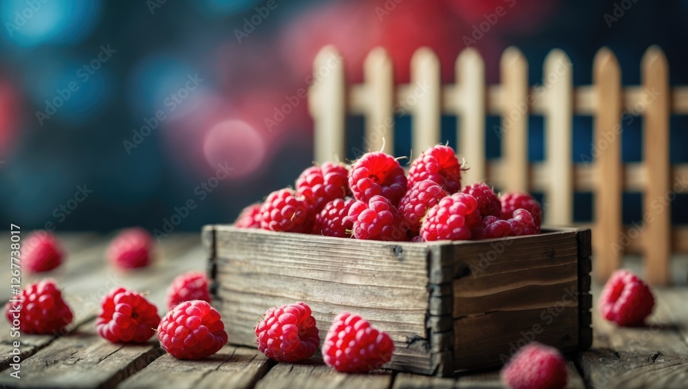 Poster fresh red raspberries in a wooden crate with scattered berries on a rustic wooden table and blurred 