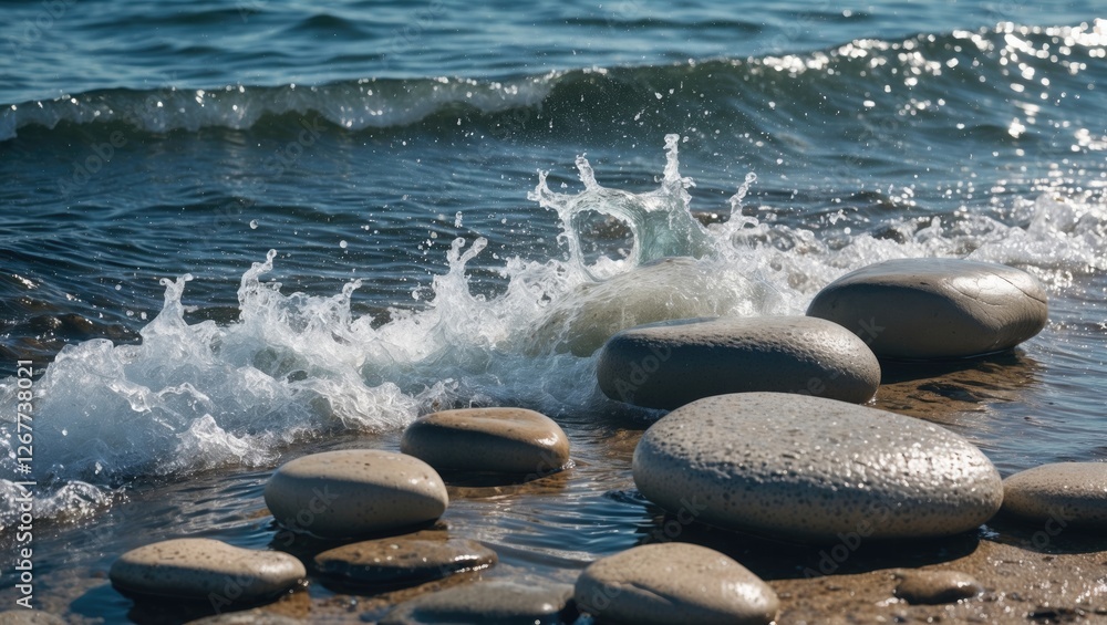 Poster waves crashing on smooth round pebbles by the shore with clear water and splashes sparkling in sunli