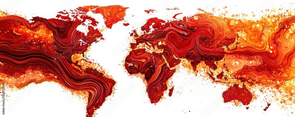 Poster a vibrant abstract representation of a world map, showcasing swirling patterns in shades of red and 