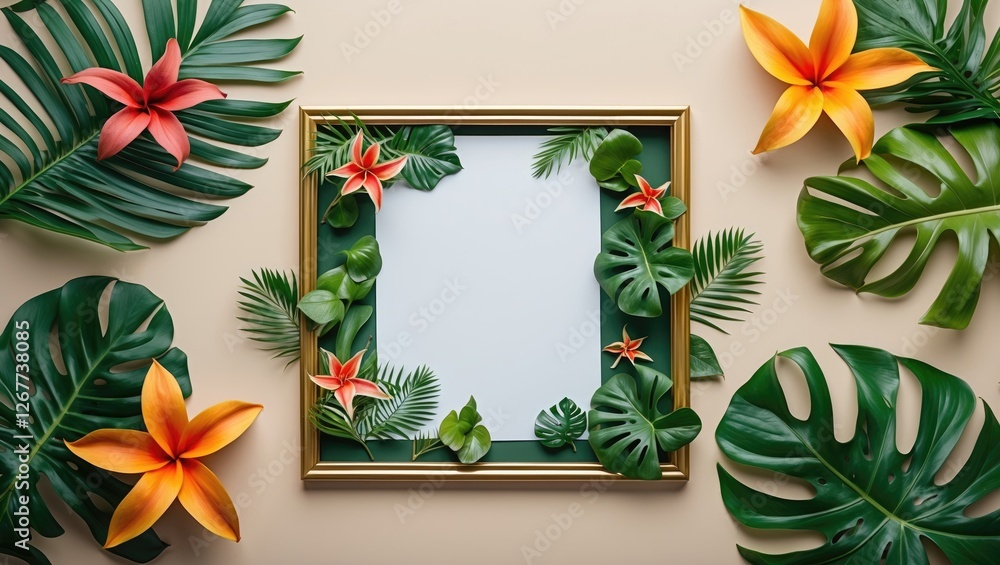 Poster tropical leaves and flowers surround an empty picture frame on a beige background with ample copy sp