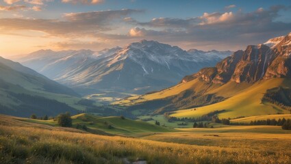 Fototapeta premium Mountain landscape during sunset with lush green fields and majestic peaks in the background Copy Space