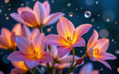 Obraz premium A stunning close-up of vibrant, glowing flowers in full bloom, illuminated with soft golden light. 