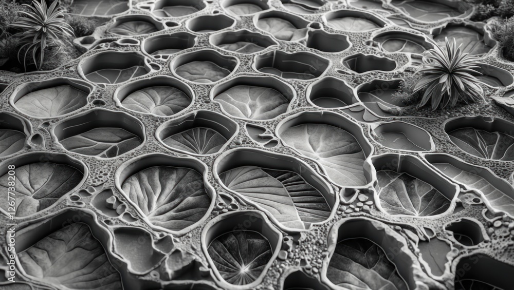 Poster abstract close-up of textured surface resembling patterned leaves with intricate shapes and varying 