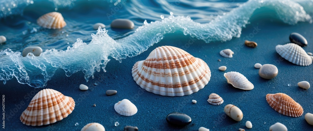 Poster seashells and pebbles on sandy beach with ocean wave approaching creating dynamic coastal scene copy