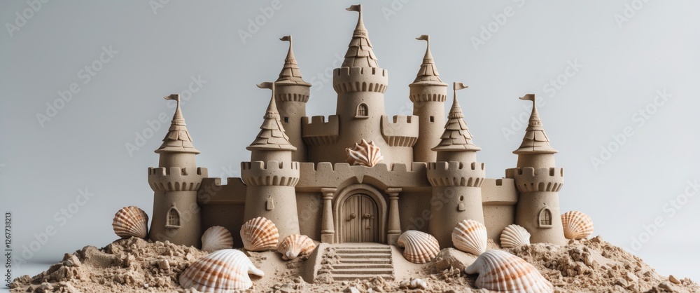 Poster sandcastle with towers and flags surrounded by seashells on the beach with soft natural lighting and