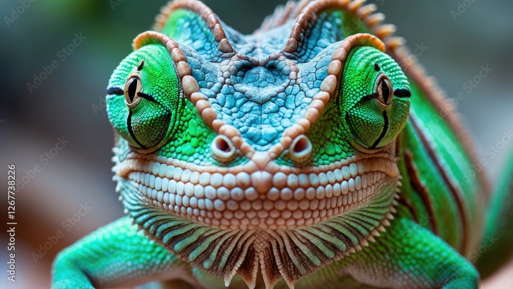 Poster close-up of a colorful chameleon displaying vibrant green and blue patterns with textured skin and d
