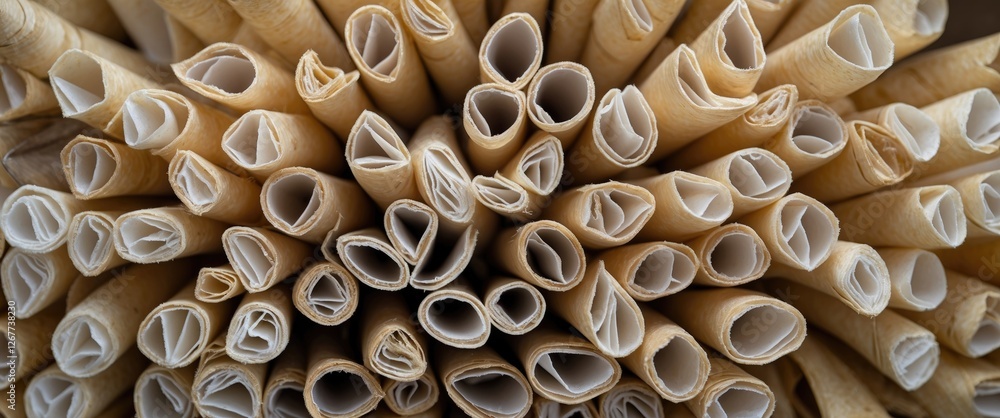 Poster stack of rolled paper sheets arranged closely together with varying sizes and orientations against a