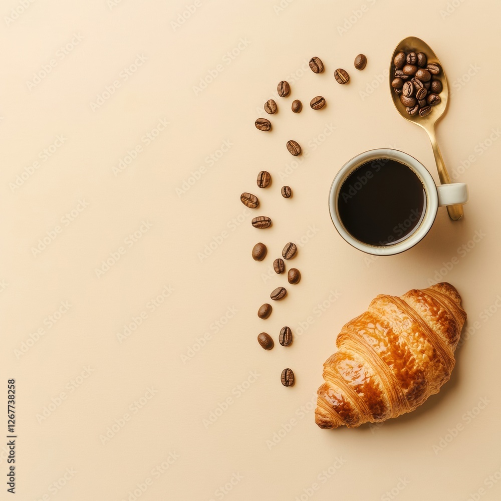 Poster enjoying morning coffee with croissant and coffee beans in a flat lay arrangement on a beige surface