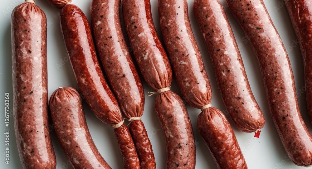 Poster raw sausage links arranged neatly on a white background with visible texture and color variation. co
