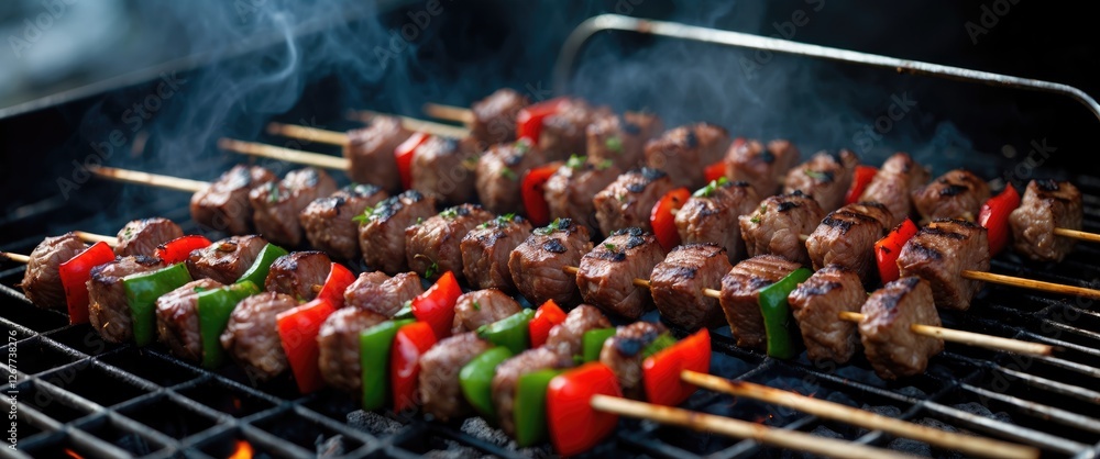 Poster grilled beef kebabs with vegetables on skewers over charcoal with smoke rising and copy space for te