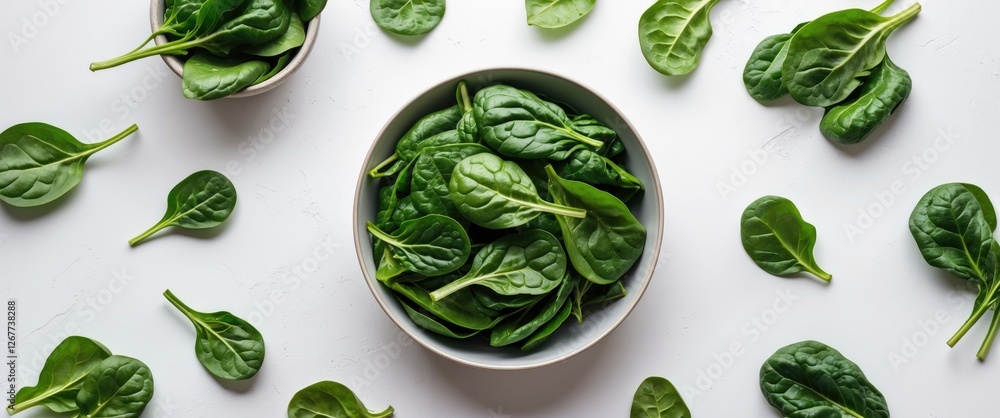 Poster fresh spinach leaves in a bowl and scattered on a white surface with copy space for text placement