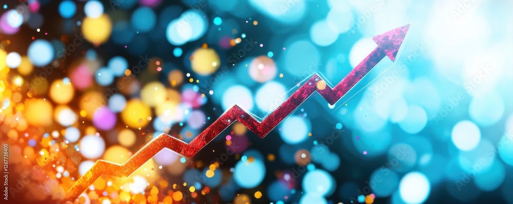 Poster a vibrant image of a red upward arrow on a backdrop of colorful bokeh lights, symbolizing growth, pr