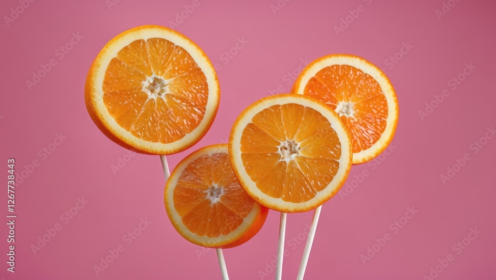 Poster sliced oranges on sticks arranged against a pink background with bright colors and visible texture c