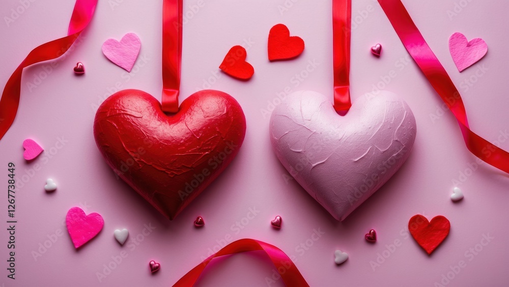 Poster two decorative heart-shaped objects in red and pink surrounded by smaller heart decorations and ribb