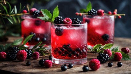Refreshing berry cocktails with raspberries and blackberries garnished with mint on a wooden table with Copy Space