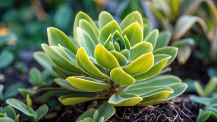 Green succulent plant with layered leaves and intricate details on a blurred natural background Copy Space