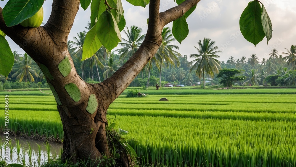 Aufkleber lush green rice fields with a prominent tree trunk in the foreground and palm trees in the backgroun
