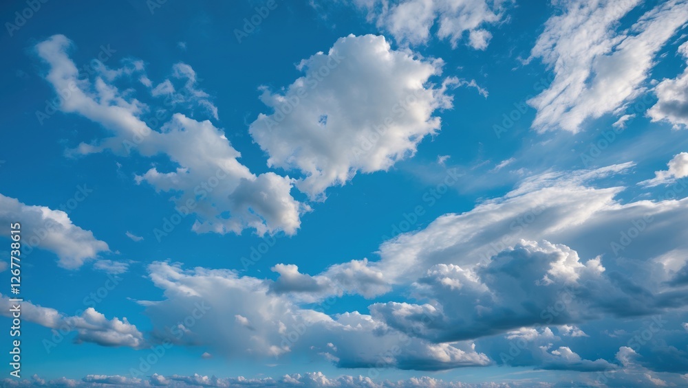 Poster blue sky with fluffy white clouds in a natural setting with ample copy space available for text plac