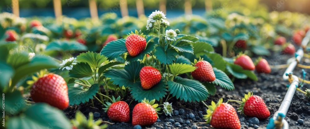 Poster strawberry plants with ripe red strawberries growing in a field setting under soft sunlight with dri