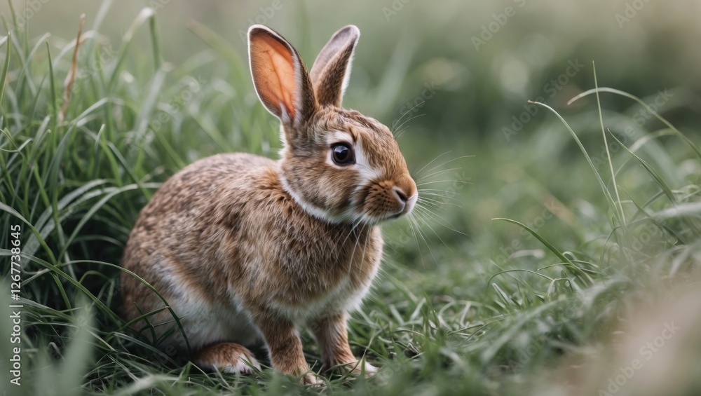 Poster brown rabbit sitting on lush green grass with a soft focus background. copy space available for text