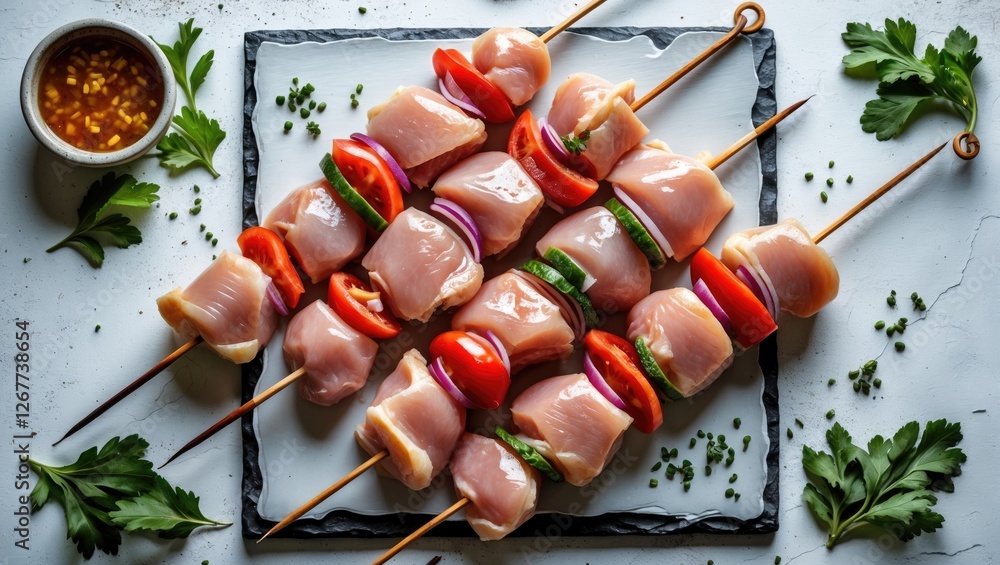 Poster raw chicken skewers with colorful vegetables arranged on a black slate plate with herbs and a small 
