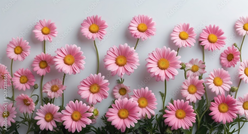 Poster pink daisies in full bloom arranged harmoniously on a light background with ample copy space for tex
