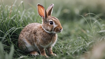 Fototapeta premium Brown rabbit sitting on lush green grass with a soft focus background. Copy Space available for text placement.