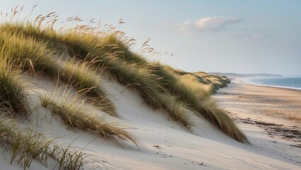 Coastal sand dunes with tall grass under a clear sky and gentle waves emanating in the distance Copy Space
