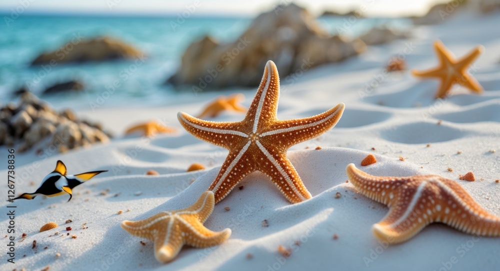 Poster starfish on sandy beach with ocean view and rocks in background captured in natural sunlight with cl