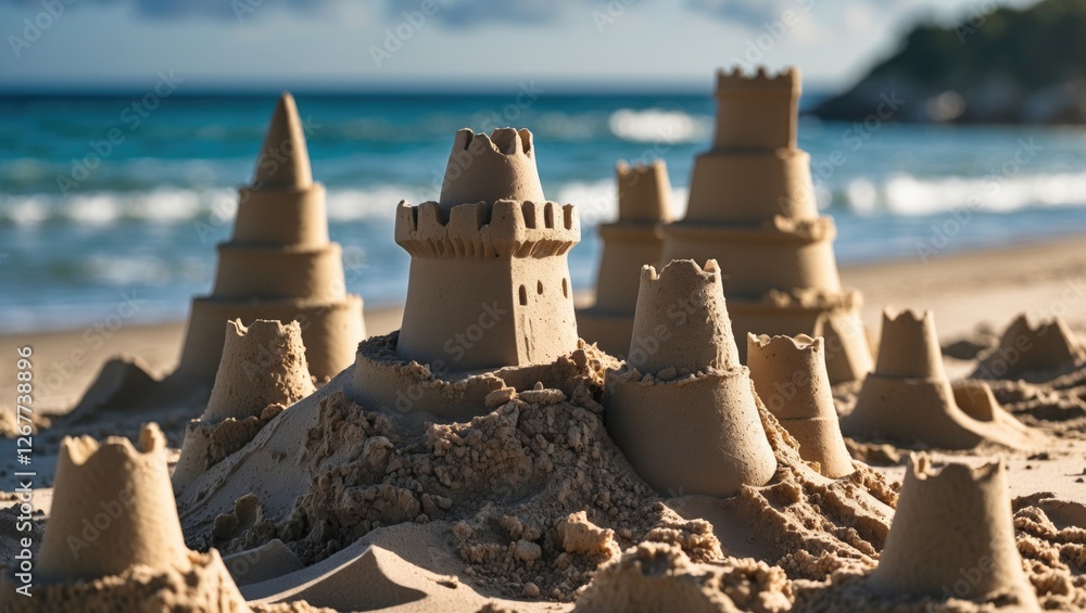 Poster sandcastle structures on a beach with clear ocean waves in the background in a sunny day scene copy 