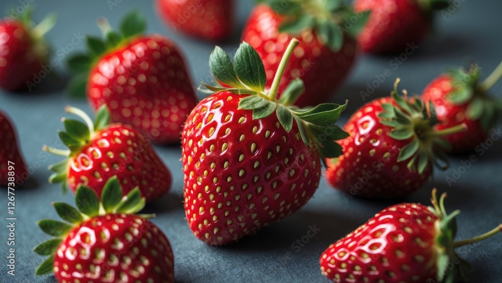 Poster fresh ripe strawberries on a dark textured surface with green leaves visible and shallow depth of fi