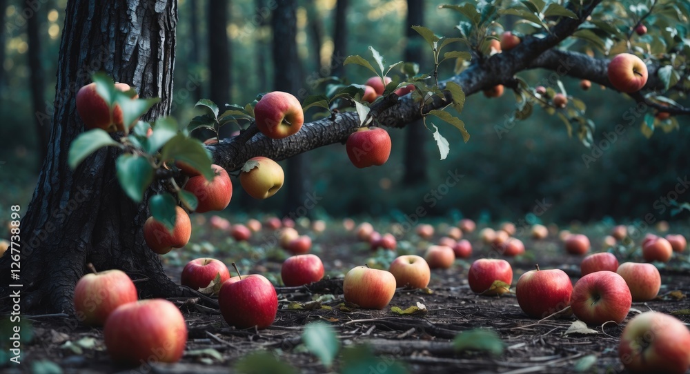 Poster apples on tree branches and scattered on the ground in a forest setting with natural light and green